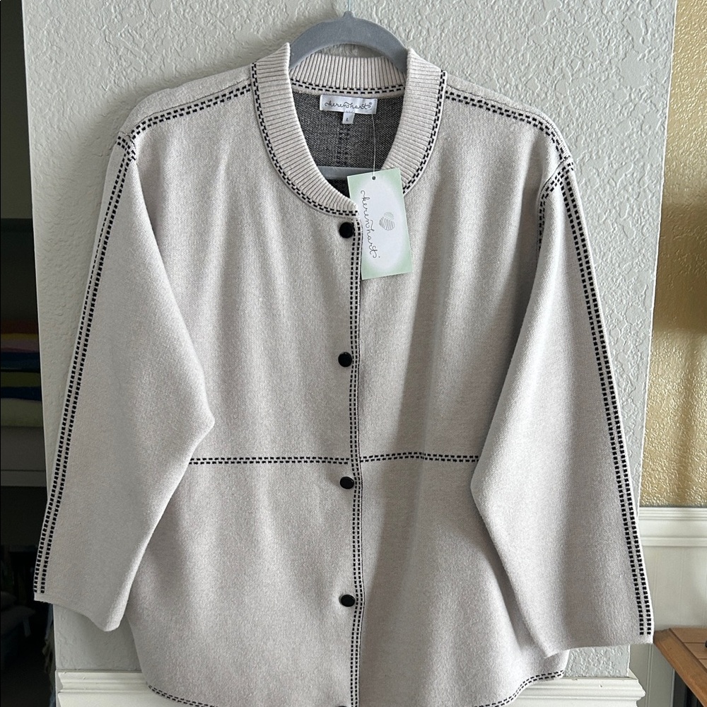 Brand- Keren Hart -Chic Cardigan color is soft taupe with bk snaps & stitching